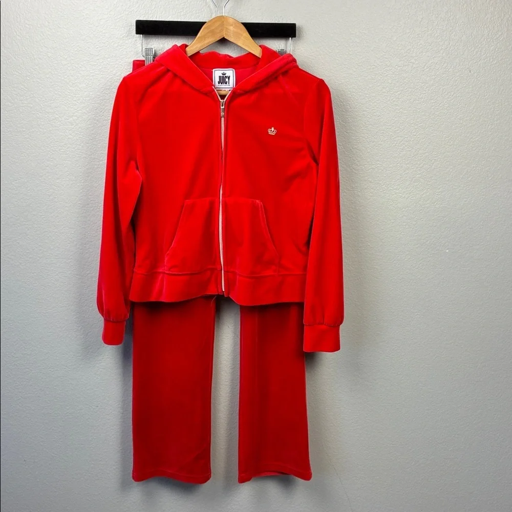 Juicy Couture SET Red Velour Zip Up Jacket Flare Pants Glittering Crown S Y2K - Picture 5 of 13